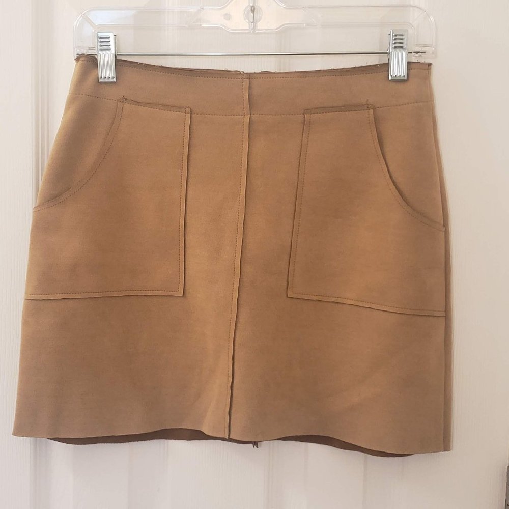 Faux Suede Skirt A Line Pockets Tan Brown Soft